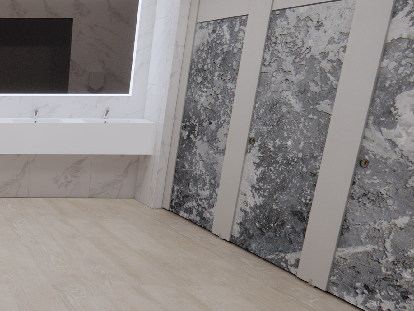 Marble effect toilet cubicles, designed and installed in a commercial building in Hampshire.